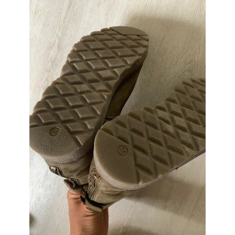Bonpoint Kids Shearling Lined‎ Leather Boots Olive Green Spain Size 34 Zip Back